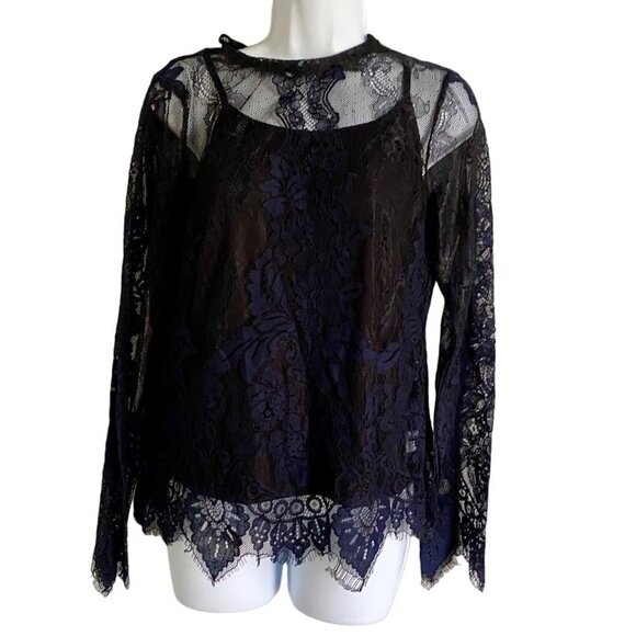 Adiva Blue Lace High Neck Long Sleeve Top with Built in Cami Womens Medium NEW - Picture 2 of 10